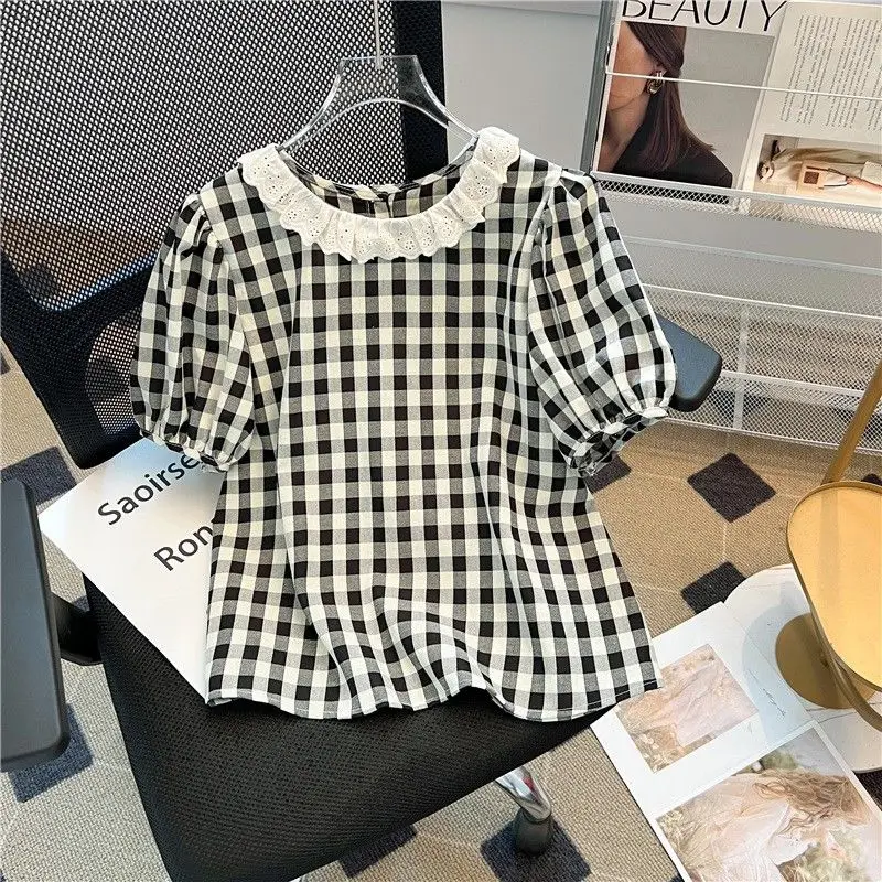 Summer Clothing Young Women - เสื้อยืดแขนสั้นคอโอ ลายสก็อต แต่งลูกไม้ สไตล์เกาหลี แฟชั่นฤดูร้อน สำหรับผู้หญิง
