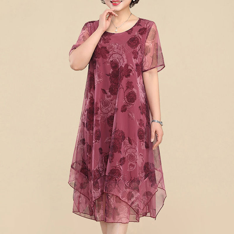 Summer Clothing For 60 Year Old Woman - ใหม่ชุดเดรสแขนสั้นคอกลมสำหรับผู้หญิงชุดเดรสมิดิทรงหลวมพิมพ์ลายดอกไม้ผ้าโปร่งฤดูร้อนมีสไตล์แหวกแนว