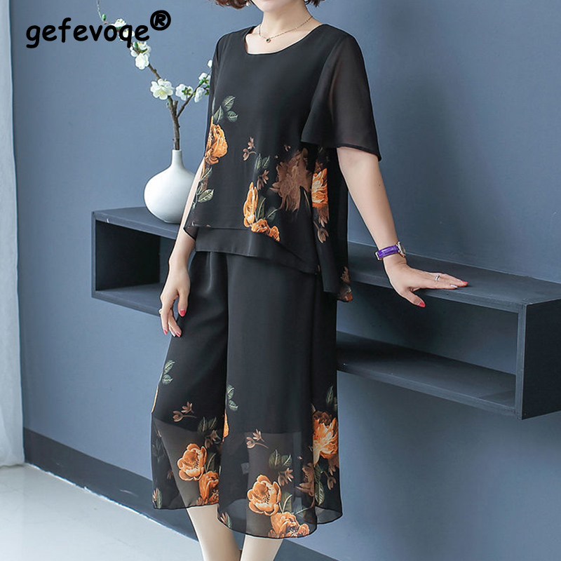 Summer Clothing For 60 Year Old Woman - แฟชั่นหรูหราดอกไม้พิมพ์ลูกไม้ชุดสั้นฤดูร้อน 2025 O-คอเสื้อแขนสั้นลูกวัวความยาวกางเกงหลวมผู้หญิงเสื้อผ้า