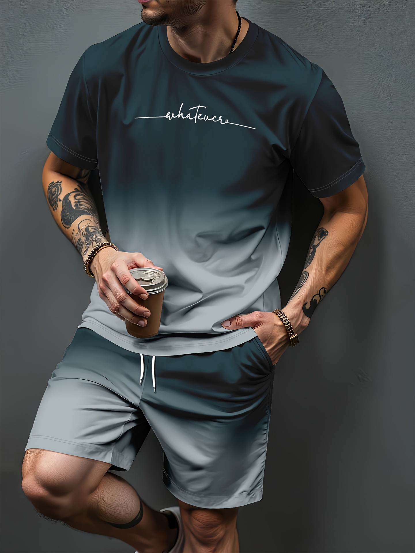 Summer Clothing Cheap - ชุดวอร์มพิมพ์ลายตัวอักษรไล่เฉดสี 3 มิติ สำหรับผู้ชายและผู้หญิง เสื้อยืดแขนสั้นลำลอง กางเกงขาสั้น