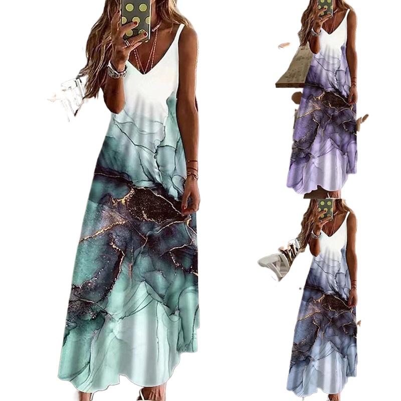 Summer Clothing For 60 Year Old Woman - 2025 Cross-borderเสื้อผ้าผู้หญิงฤดูร้อนVคอเซ็กซี่รุ่นชุดยาวหลวมพิมพ์ขนาดใหญ่SuspenderชุดCw61232