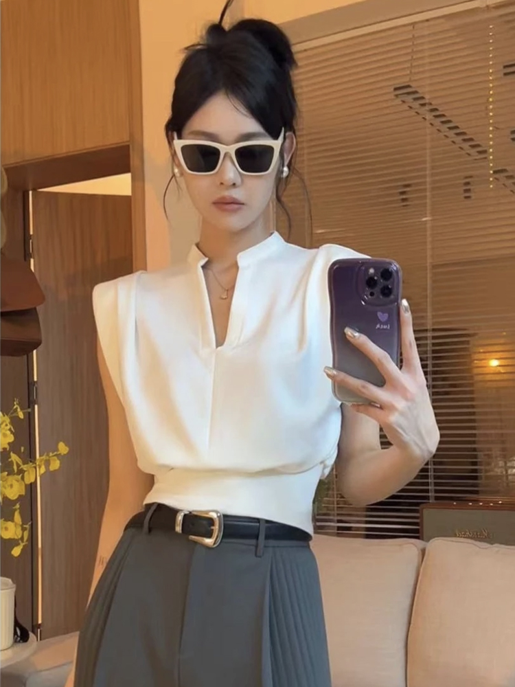Summer Clothing Brands - เสื้อเชิ้ตคอตั้งแขนสั้นสไตล์เรโทร แฟชั่นผู้หญิง สไตล์เกาหลี คอวี ทรงเข้ารูป คุณภาพแบรนด์ดัง