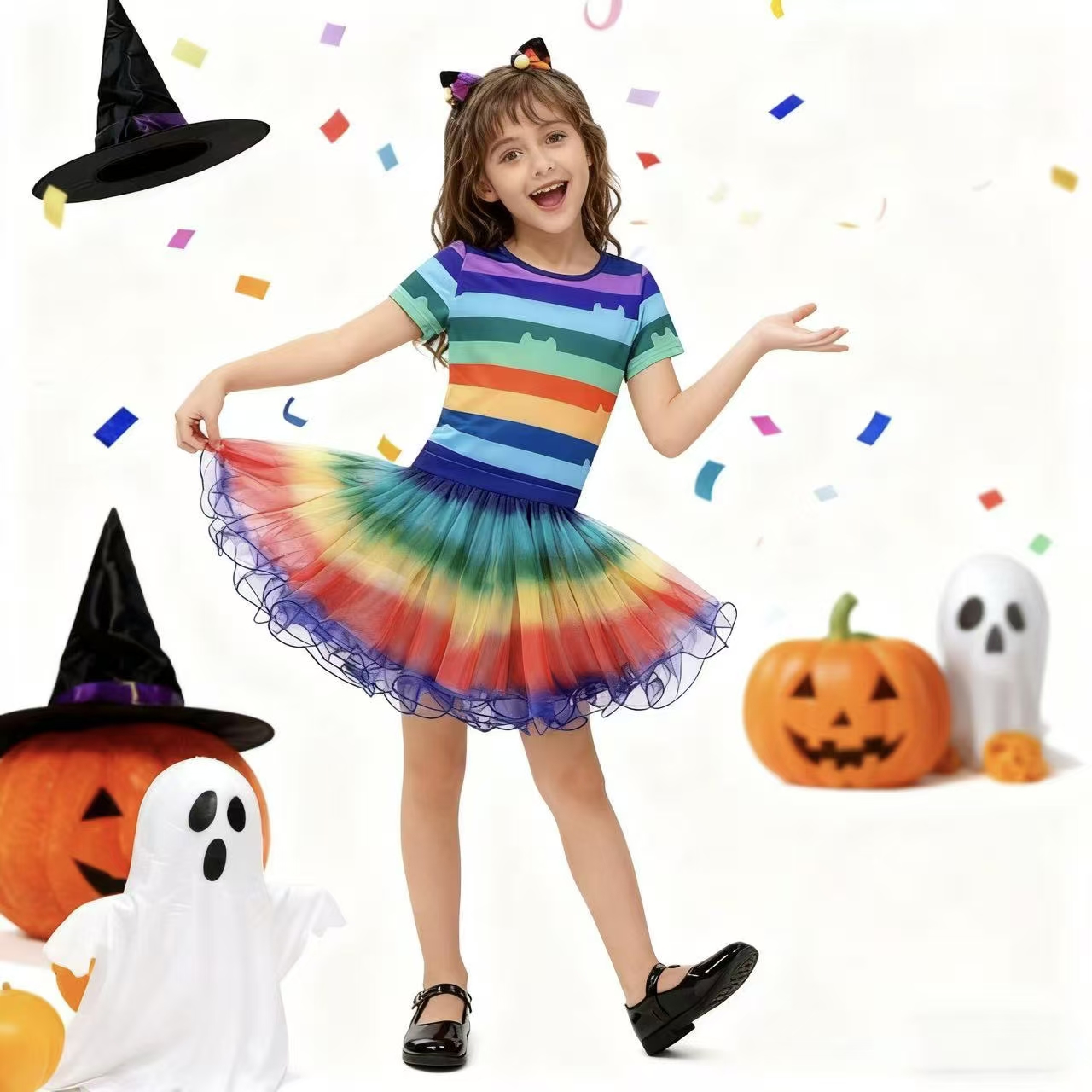 Summer Kids Clothing - เสื้อยืดลายสายรุ้งสำหรับเด็กผู้หญิง กระโปรงตูตู พร้อมที่คาดผมหูแมว ชุดคอสเพลย์งานฮาโลวีน งานคาร์นิวัล ชุดวันเกิดสำหรับเด็ก