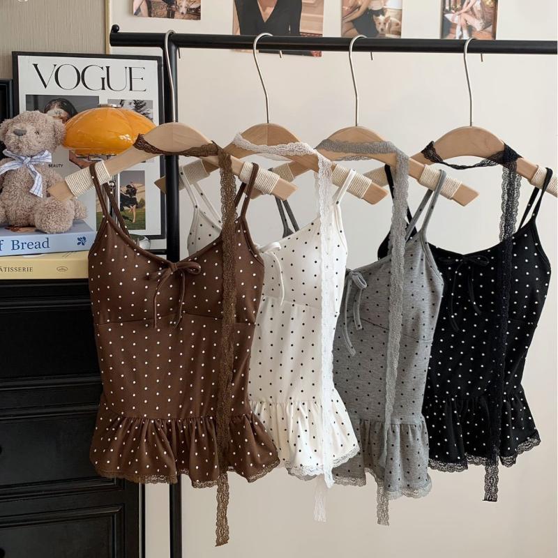 Summer Clothing Young Women - เสื้อผ้าผู้หญิงใหม่··แฟชั่นฤดูร้อนลำลอง ลายจุด สีพื้น สายเดี่ยว สไตล์ทันสมัย ดูผอมเพรียว