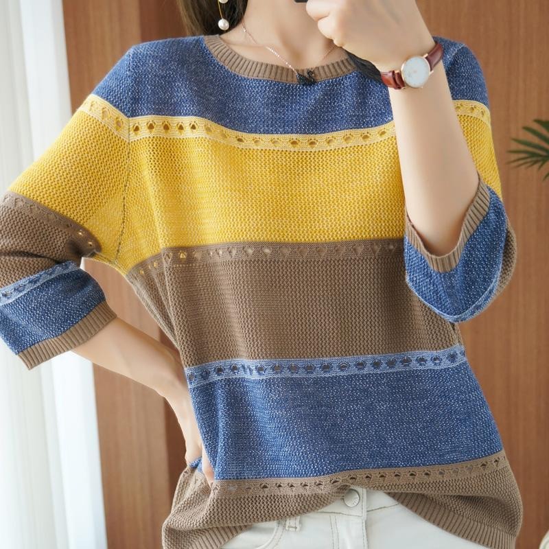 Summer Clothing Yarn - เสื้อสเวตเตอร์ผู้หญิง แขน 3/4 แฟชั่นเกาหลี ลายทาง ทรงหลวม