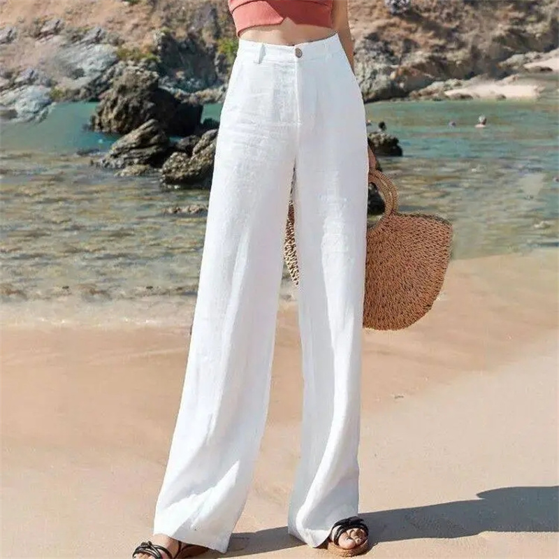 Summer Clothing For 60 Year Old Woman - เสื้อผ้าผู้หญิงผ้าลินินเอวสูงขาตรงกางเกงขายาวหญิงฤดูร้อนสีทึบผ้าฝ้ายลินินหลวมกางเกงขากว้าง