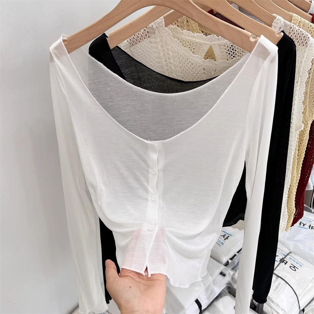Summer Clothing Yarn - เสื้อคลุมสีขาว 2026 คาร์ดิแกนฤดูร้อน ผ้าไหมน้ำแข็ง บาง กระชับสัดส่วน