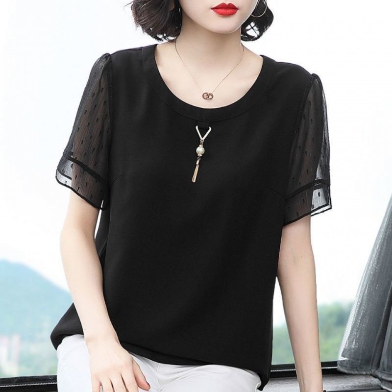 Summer Clothing For 60 Year Old Woman - สบายๆสีทึบ All-Match เสื้อผู้หญิงเสื้อผ้าหลวมฤดูร้อน Chic สามมิติตกแต่งสไตล์เสื้อแขนสั้น