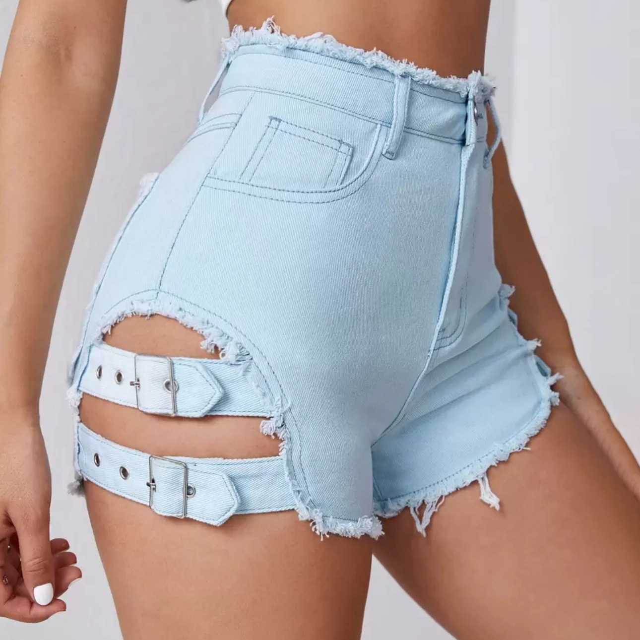 Summer Clothing Cheap - กางเกงยีนส์ขาสั้นเอวสูงสำหรับผู้หญิง แต่งขอบขาดๆ สไตล์ลำลองสำหรับฤดูร้อน ทรงเอ ผ่าข้าง ขอบดิบ