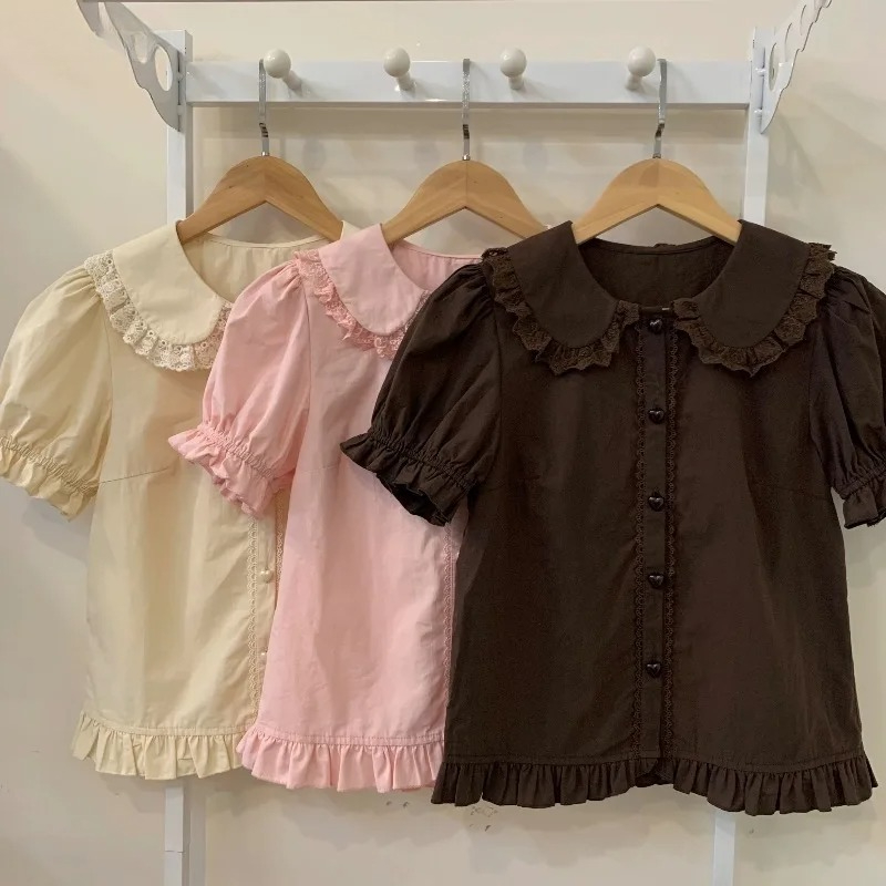 Summer Kids Clothing - ฤดูร้อนญี่ปุ่น Kawaii Lolita เสื้อผู้หญิงหวานพัฟแขนสั้นลูกไม้ Ruffles Slim