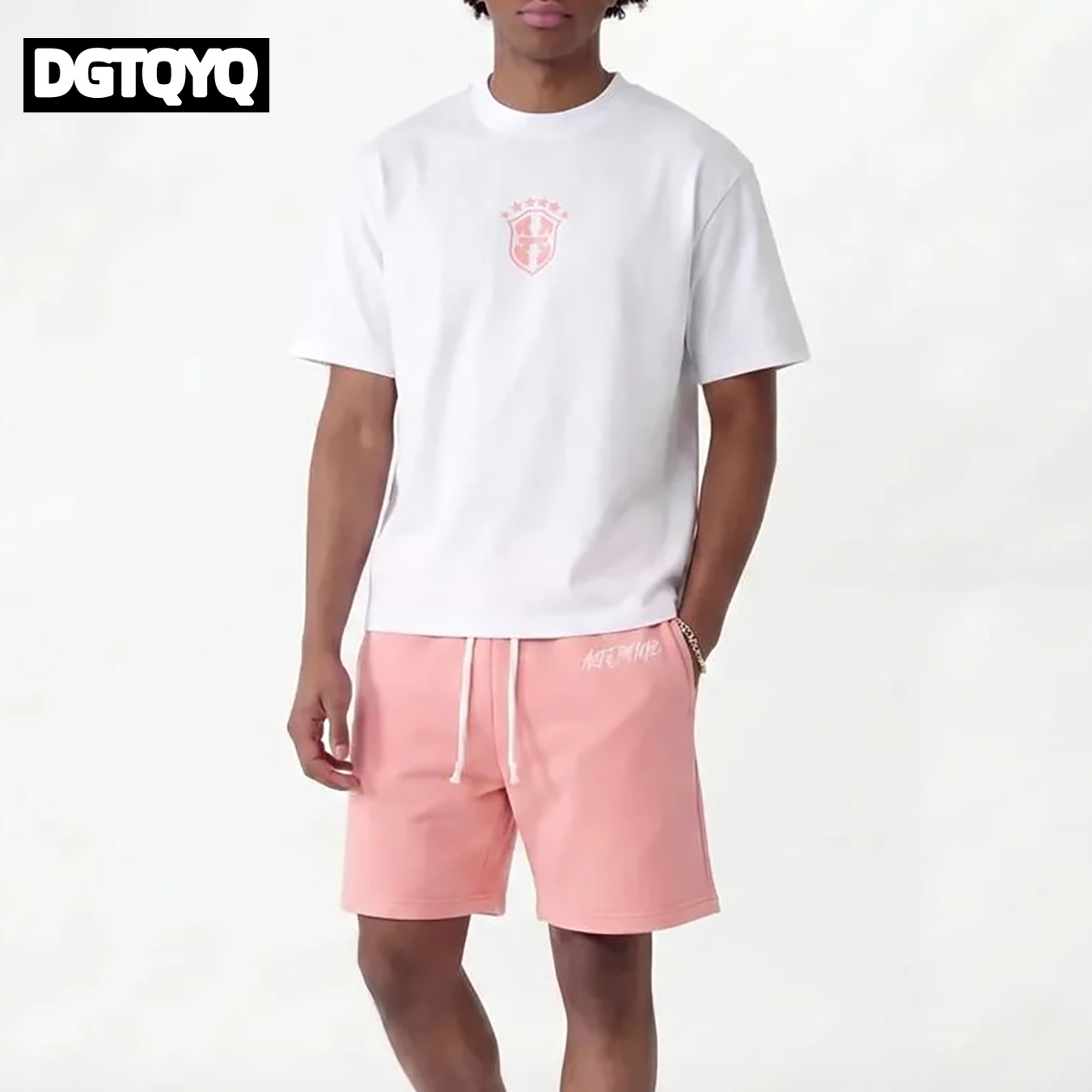Summer Clothing Cheap - ชุดเซ็ตเสื้อยืดคอกลมพิมพ์ลายกับกางเกงขาสั้นลำลองปักลายสีชมพูสำหรับผู้หญิง รุ่นใหม่ประจำฤดูร้อน