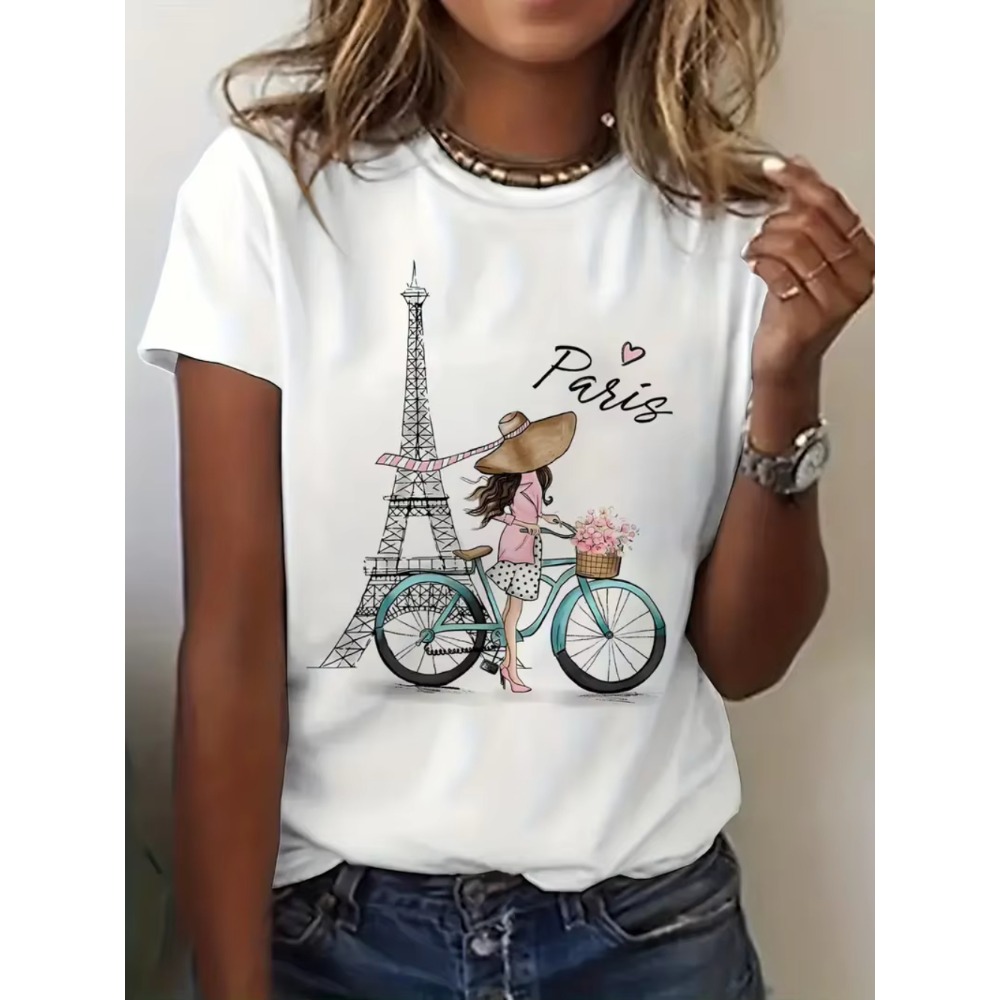 Summer Clothing In Paris - เสื้อยืดแขนสั้นพิมพ์ลายสาวปารีส Y2k พร้อมจักรยาน เสื้อผ้าผู้หญิง เสื้อยืดลายกราฟิก เสื้อผู้หญิง