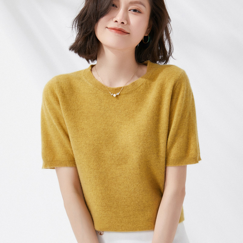 Summer Clothing Yarn - ฤดูใบไม้ผลิและฤดูร้อนใหม่แขนสั้นผู้หญิง O-คอ Slim Wool Cotton Blend