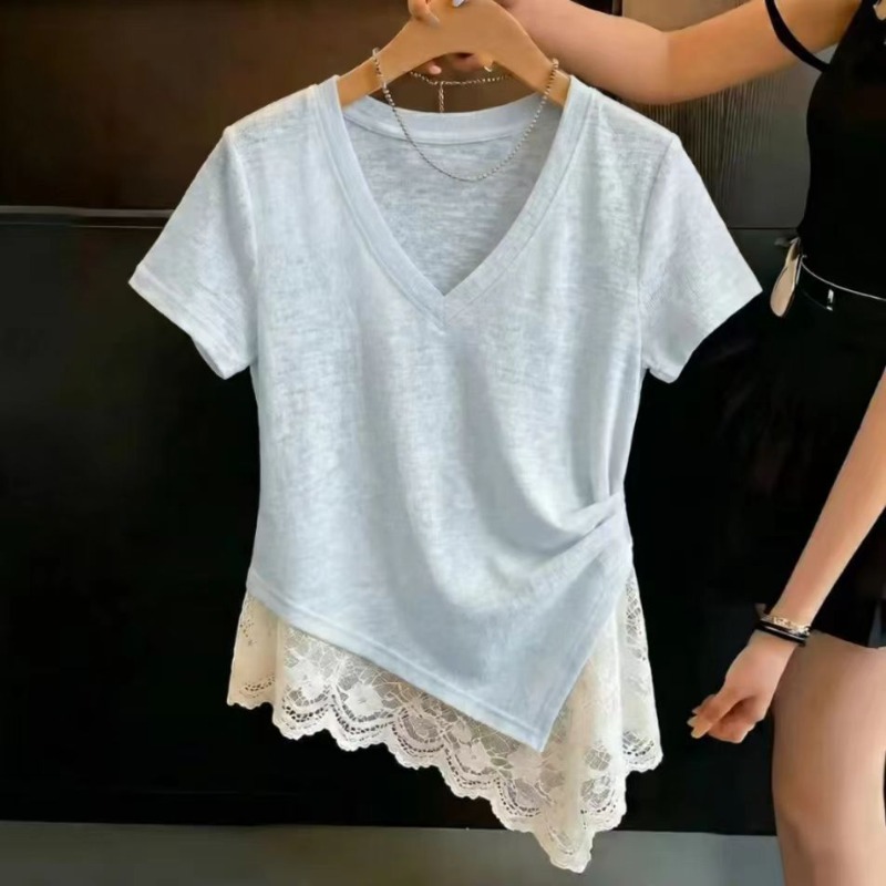 Summer Clothing Young Women - เสื้อผ้าผู้หญิงแฟชั่นฤดูร้อนเรียบง่ายสบายๆเกาหลีลูกไม้เย็บปะติดปะต่อสีทึบ O-คอหญิงแขนสั้นสไตล์สาวรุ่นคาร์ดิก้า