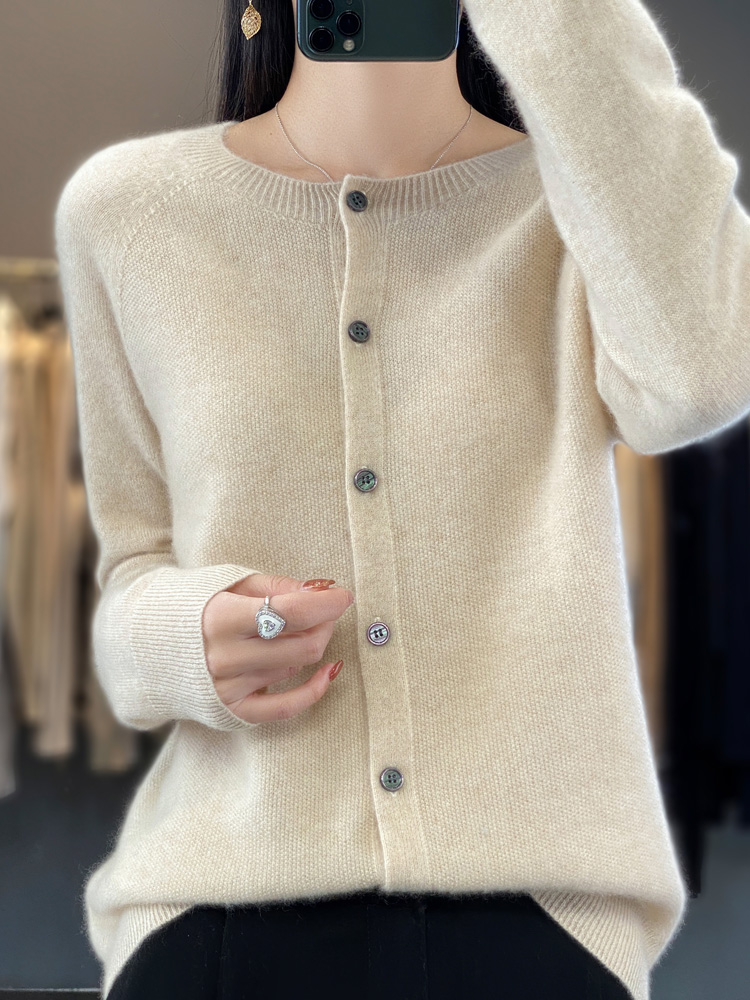 Summer Clothing Yarn - เสื้อคาร์ดิแกนไหมเมอริโนแท้ 100% สำหรับผู้หญิง แฟชั่นฤดูใบไม้ร่วงฤดูหนาว คอทรงโอ แขนยาว