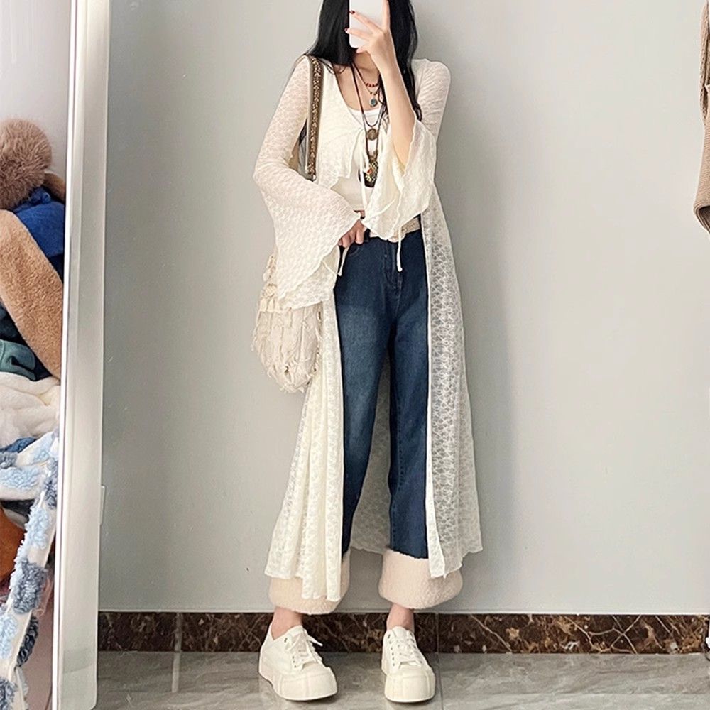 Summer Clothing Yarn - เสื้อคลุมคาร์ดิแกนลูกไม้โอเวอร์ไซส์แบบใหม่ประจำฤดูร้อนปี 2026 คอวี แมทช์ได้กับทุกชุด เสื้อแขนยาวปานกลางสำหรับผู้หญิง แฟชั่นเกาหลี