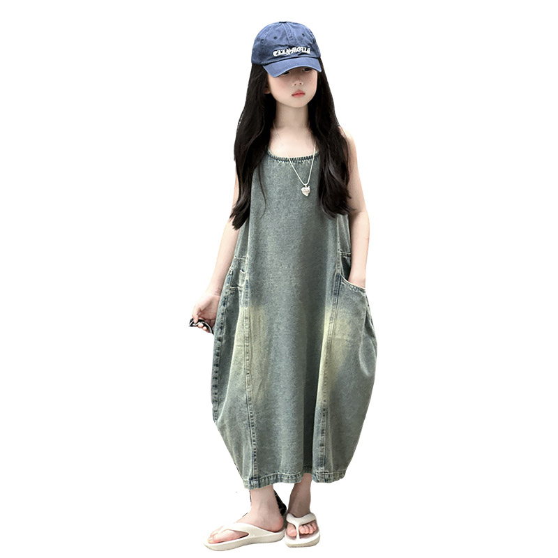 Summer Kids Clothing - Vintage Blue เด็กหญิงคุณภาพสูงแขนกุด Denim ชุด Streetwear