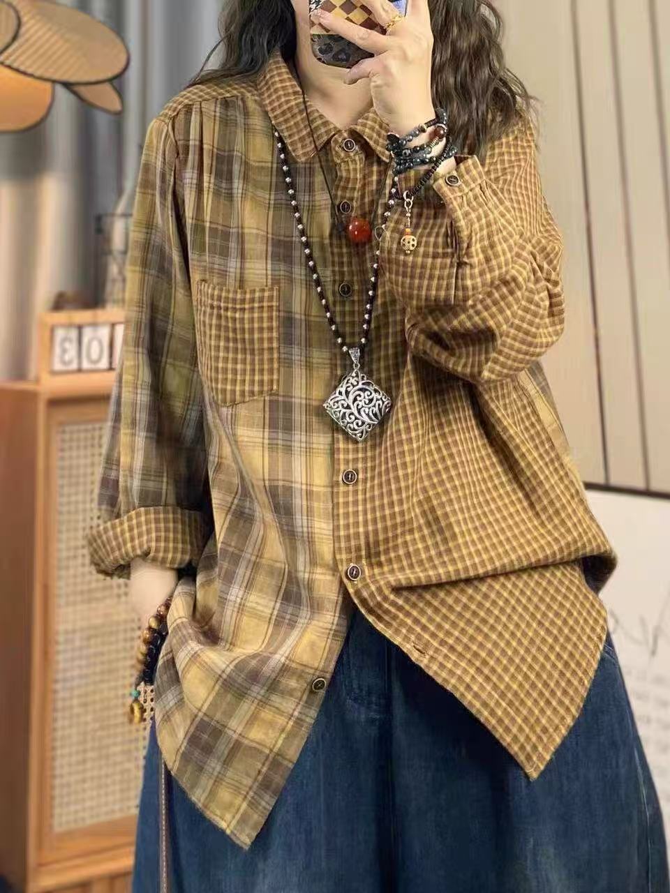 Summer Clothing Yarn - เสื้อผ้าผู้หญิงฤดูใบไม้ร่วงปี 2026 แฟชั่นญี่ปุ่น เสื้อเชิ้ตลายสก็อตผ้าฝ้ายสำหรับผู้หญิง เสื้อเบลาส์แขนยาวลายสก็อตวินเทจแบบปะติด
