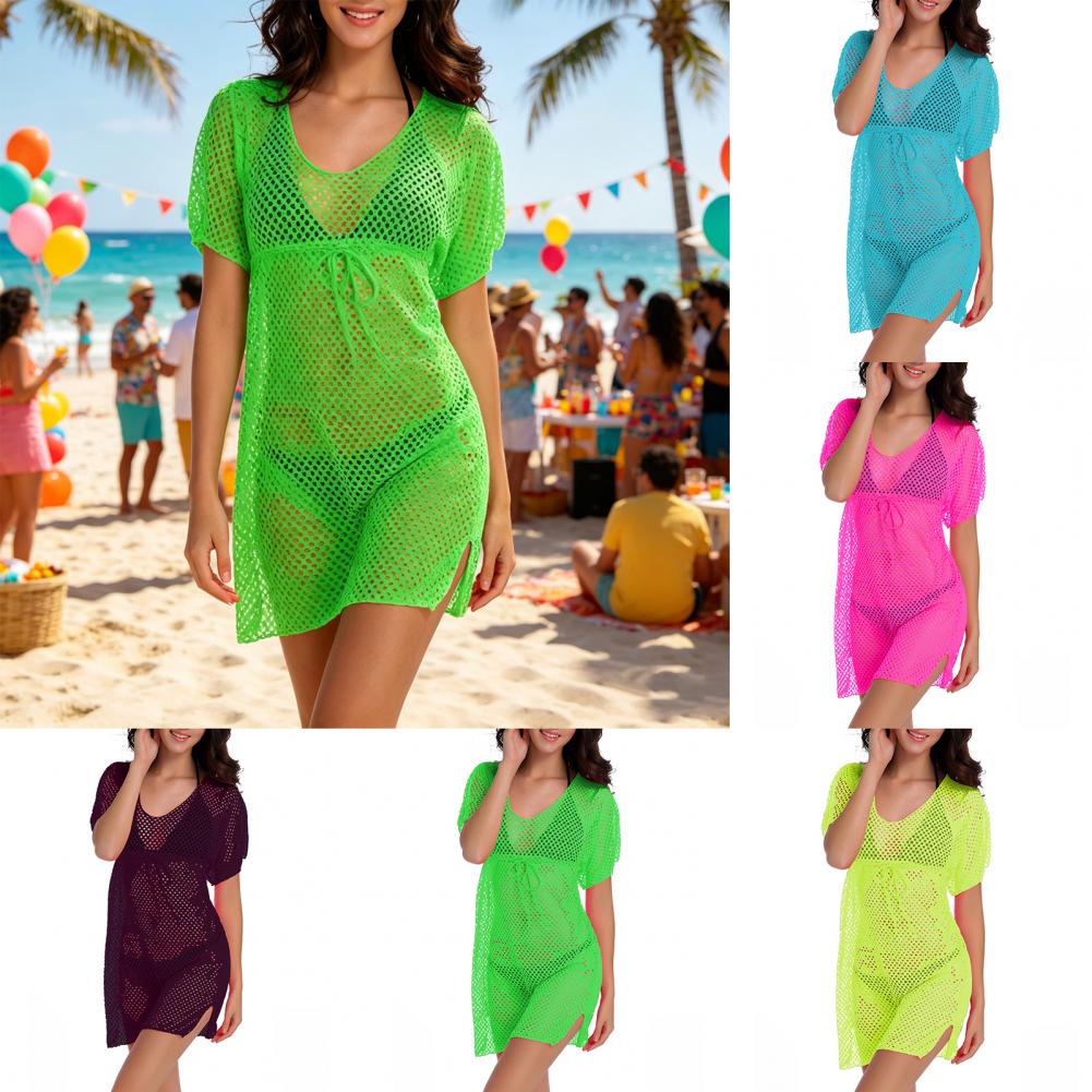 Swim Cover Up Mesh - ชุดคลุมบิกินี่แบบมีเชือกผูก ชุดคลุมว่ายน้ำ ระบายอากาศได้ดี ป้องกันแสงแดด เสื้อตาข่าย ดีไซน์ผ่าข้าง