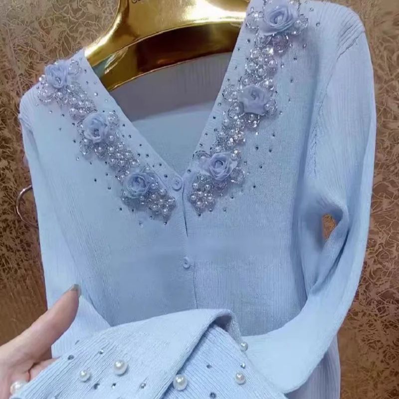 Summer Clothing Yarn - เสื้อคาร์ดิแกนไหมพรมเนื้อนุ่ม ดีไซน์หรูหรา สำหรับฤดูใบไม้ผลิและฤดูร้อน ทรงเข้ารูป สำหรับผู้หญิง เสื้อสเวตเตอร์ถักนิตติ้ง