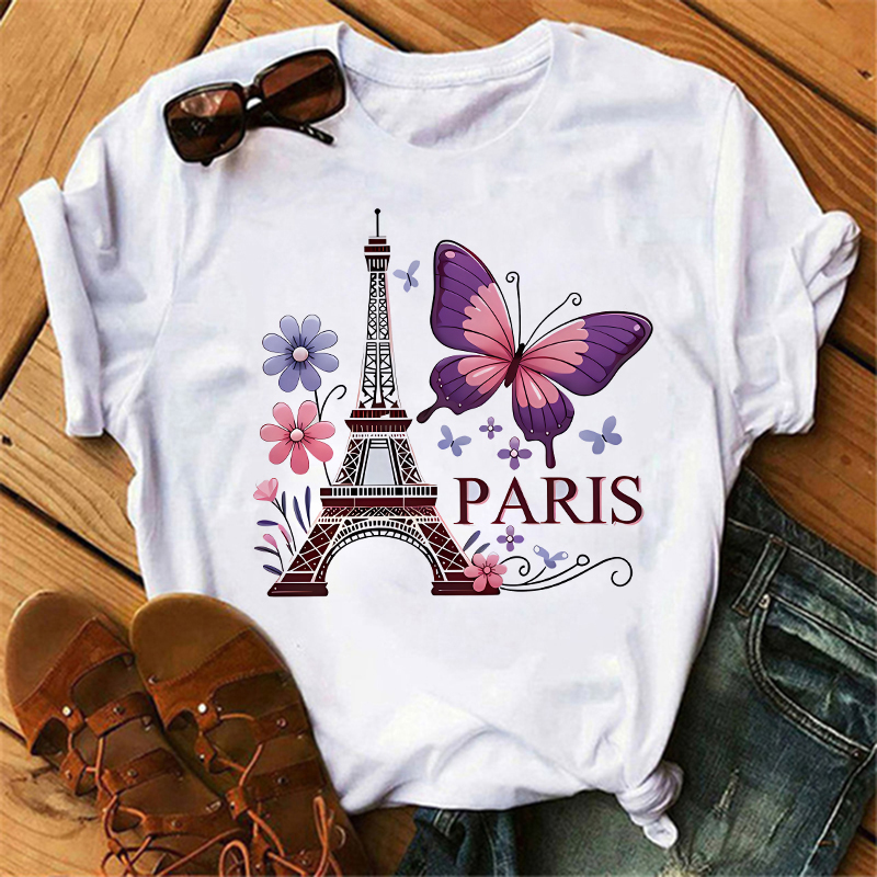 Summer Clothing In Paris - 90s สีดอกไม้ผีเสื้อ Paris Design พิมพ์เสื้อยืดแขนสั้นลูกเรือคอสบายๆ All