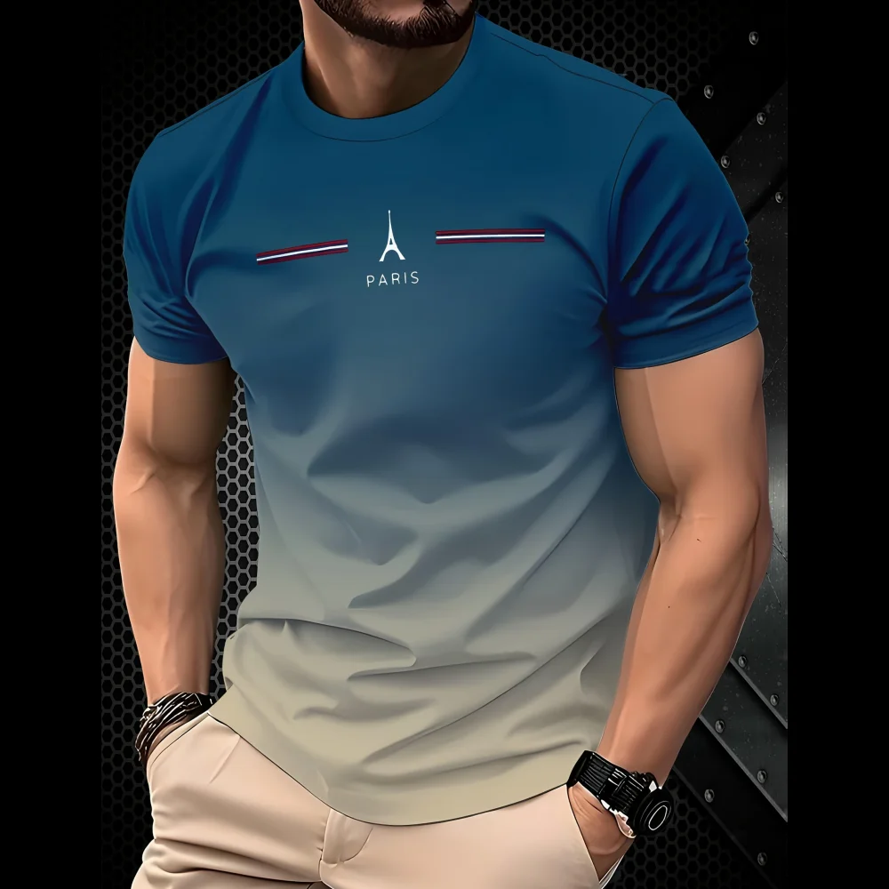 Summer Clothing In Paris - เสื้อผ้าผู้ชายฤดูร้อน 3D ไล่ระดับสี เสื้อยืดพิมพ์ลายปารีสเรียบง่าย แฟชั่นประจำวัน เสื้อกีฬาโอเวอร์ไซส์
