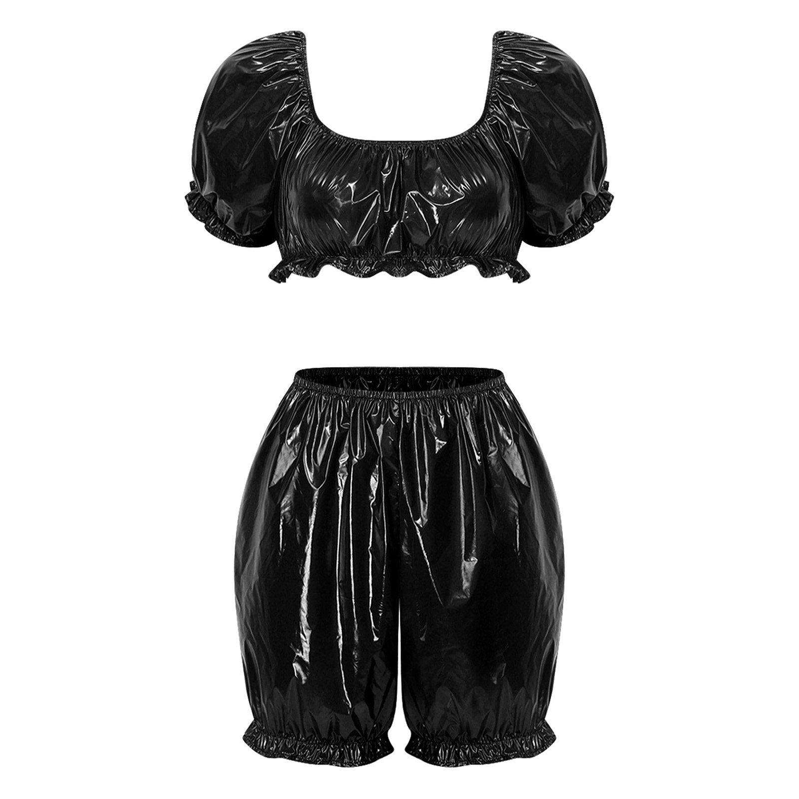 Summer Clothing Cheap - ชุดคลับแวร์หนัง PU แบบเปียกสำหรับผู้หญิง เสื้อครอปแขนระบายผ้าไวนิลและกางเกงขาสั้นบลูมเมอร์ ชุดว่ายน้ำไวนิลกันน้ำแบบปรับได้