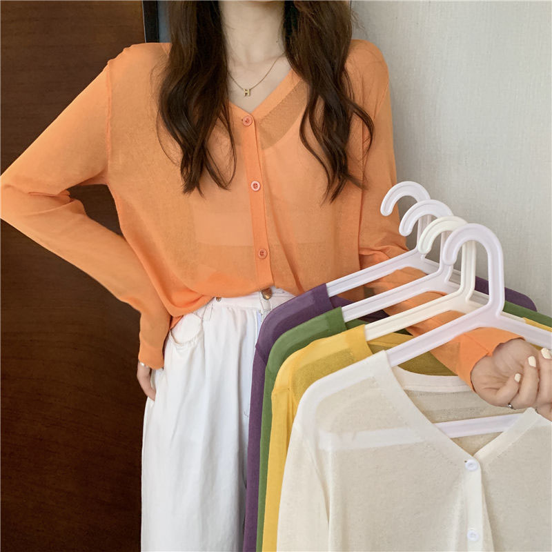 Summer Clothing Yarn - ลูกอมสีบางถักเสื้อสเวตเตอร์ถักผู้หญิง 2025 ฤดูร้อนดูผ่านปุ่มป้องกันแสงแดดCardigansหลวมAll-Matchเสื้อแขนยาว